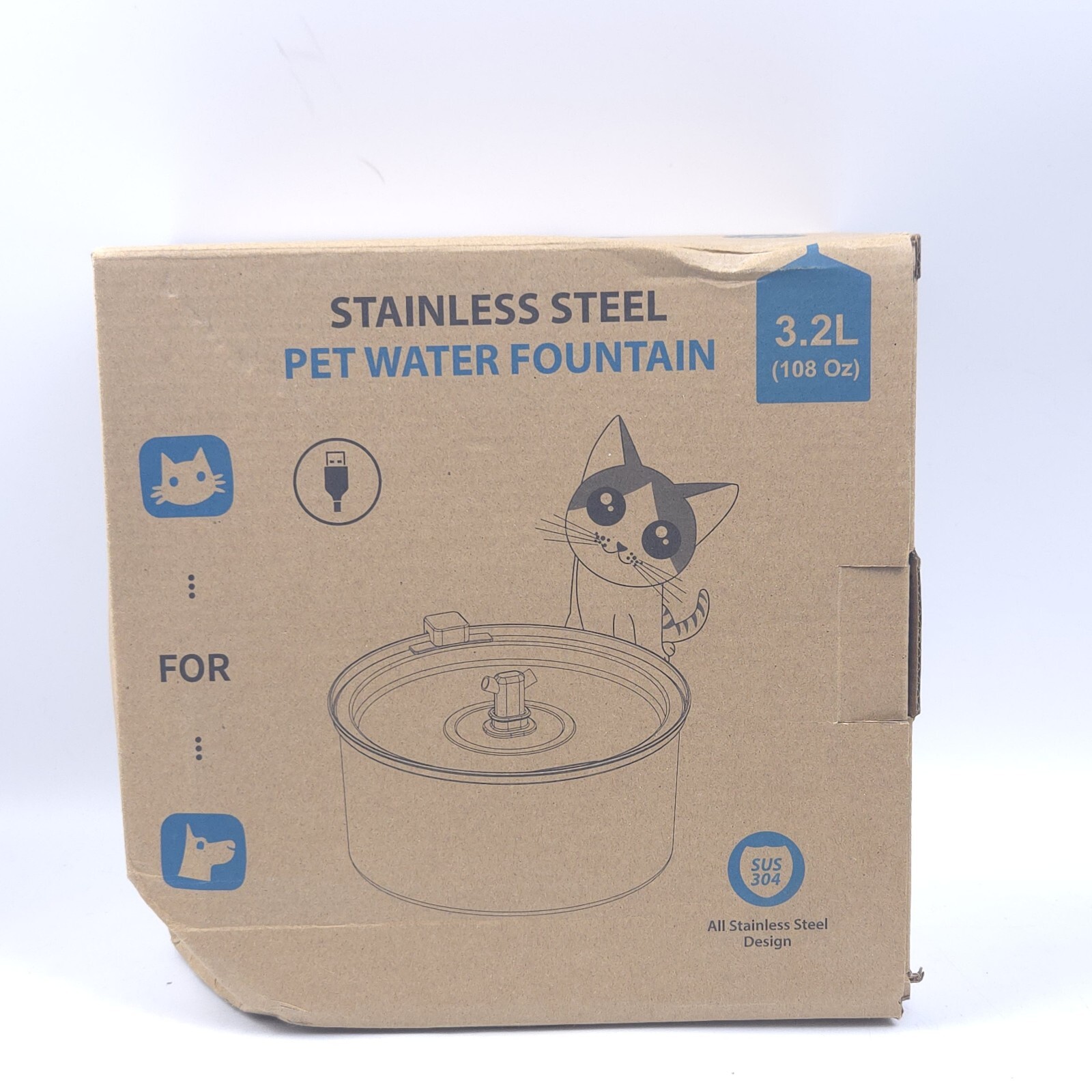 Cat Water Fountain, 3.2L/108oz Automatic Stainless Steel Pet Fountain Dog Water