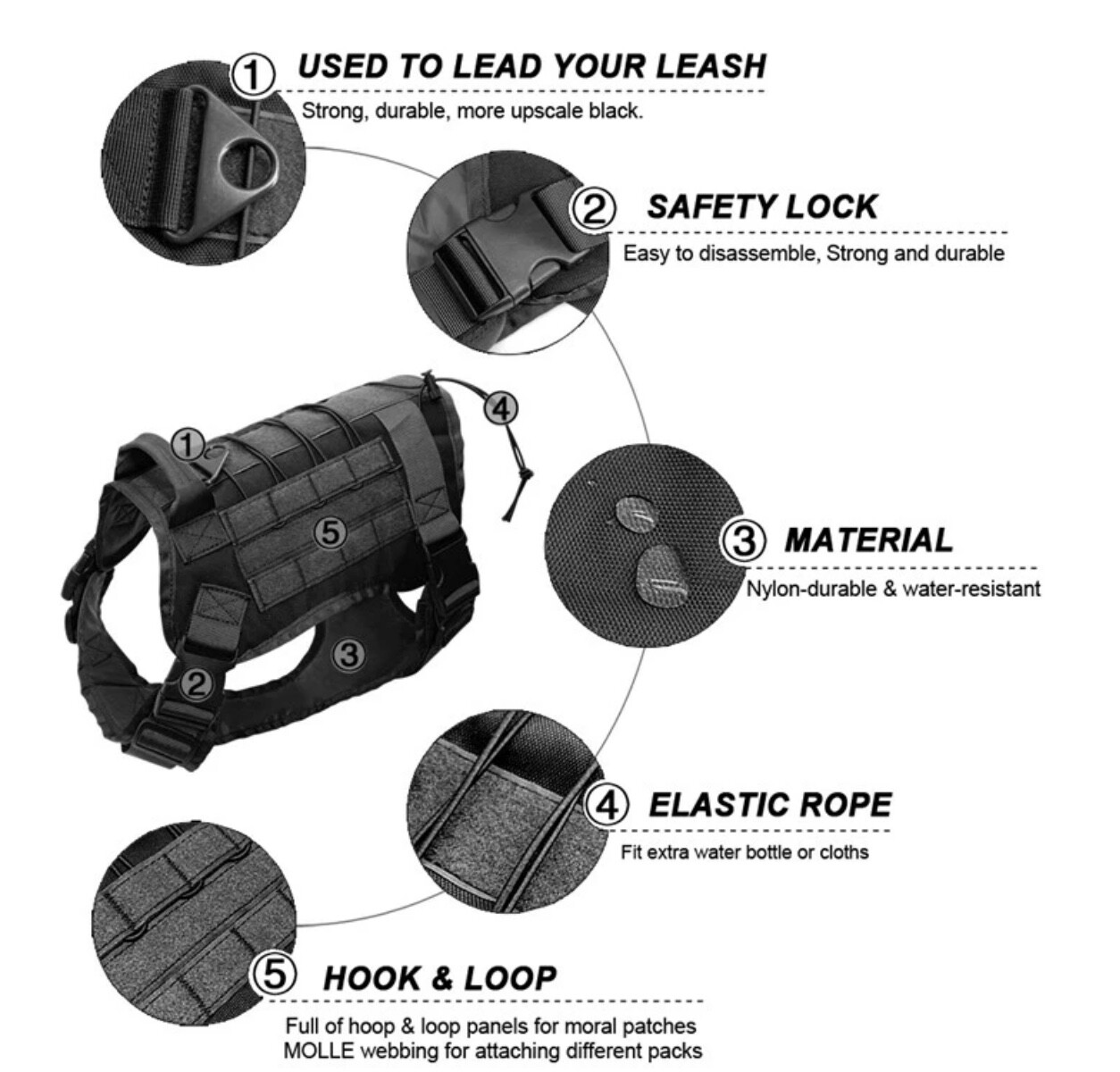 Tactical Dog HARNESS w LEASH, Military, Adjustable, No Pull Vest Handle, M L XL