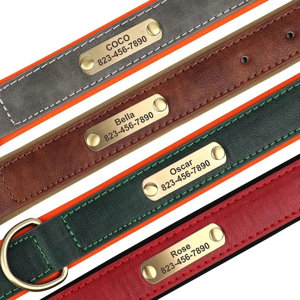 Soft Leather Personalized Dog Collar ID Tag Engraved for Small Medium Large Dogs