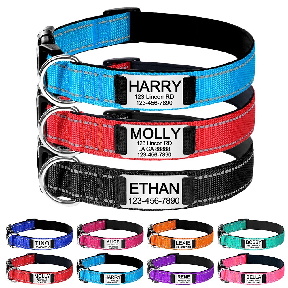 Reflective Nylon Dog Collar Custom Name, Personalized Pet ID Tag Adjustable XS-L