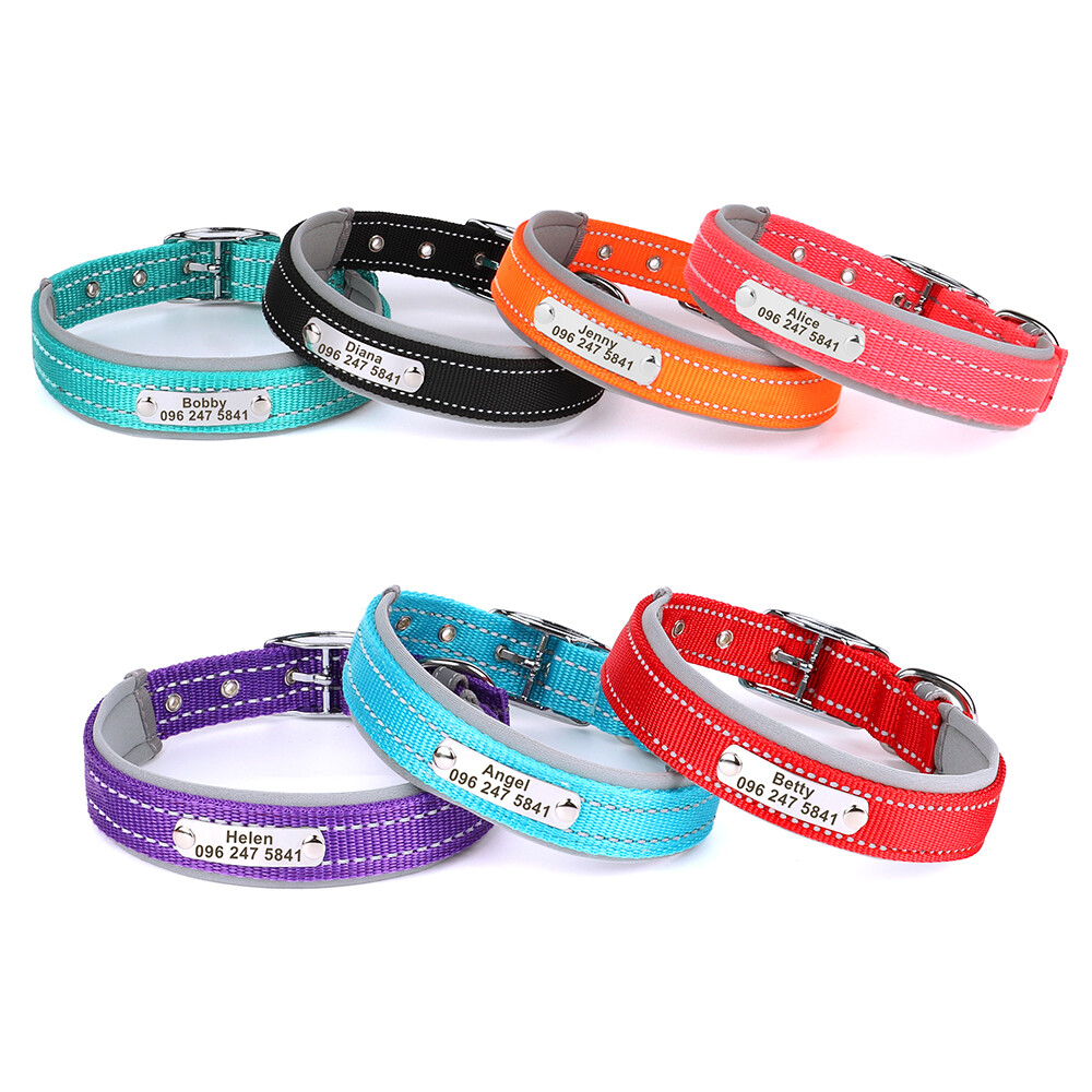 Reflective Nylon Personalized Dog Collar Custom Pet Name ID Tag Adjustable S-XL
