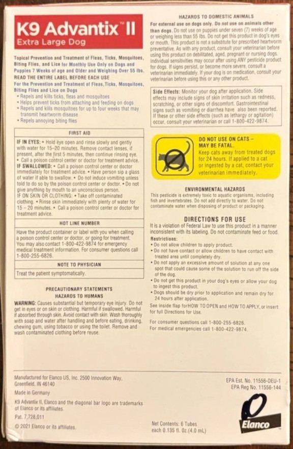 K9 Advantix II Flea & Tick Prevention – Extra Large Dogs over 55 lbs. – 6 Doses