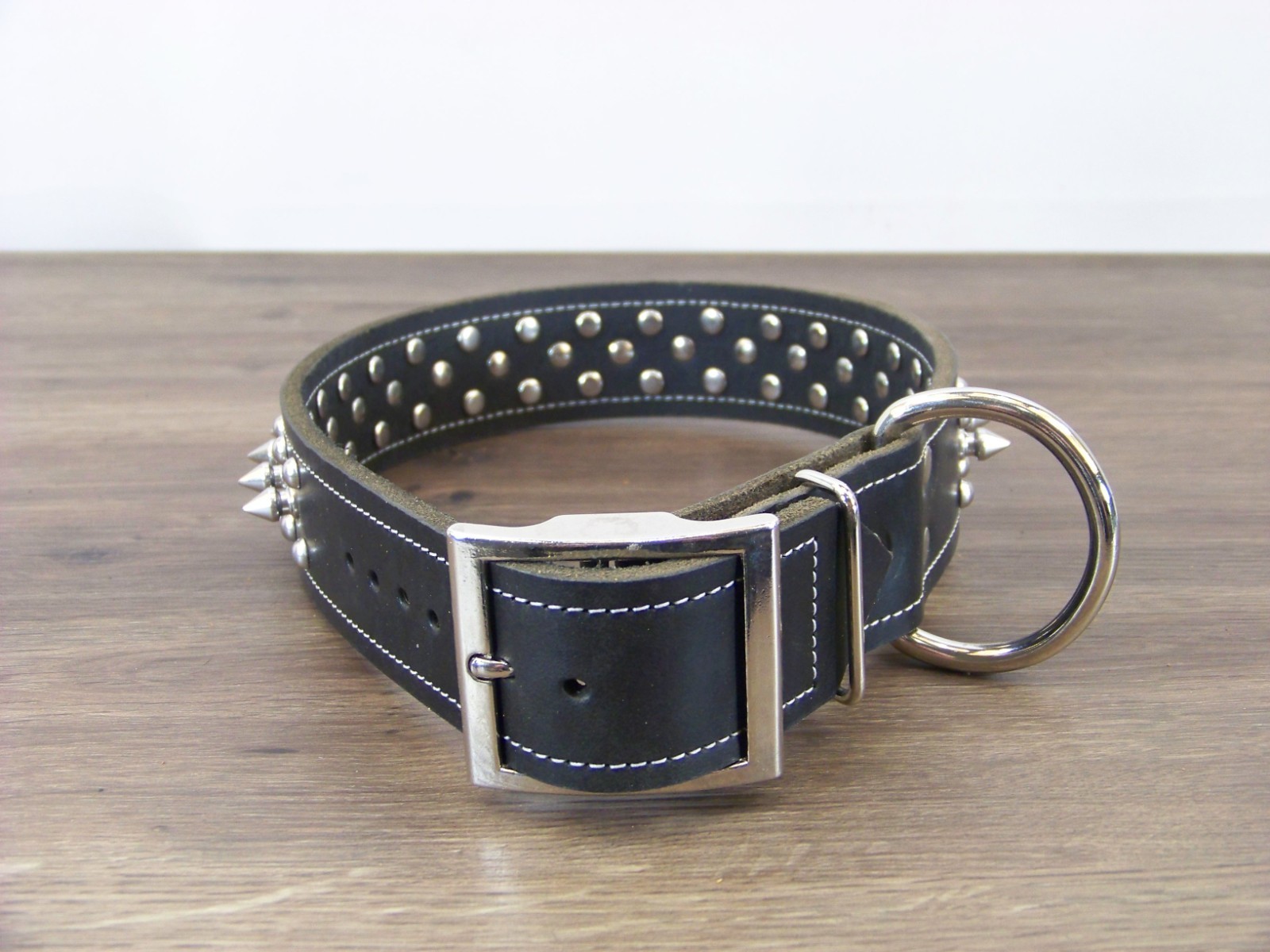 1 – 1/2″ Wide Top Quality Leather Dog Collar W/ Spikes & Domes Made In USA