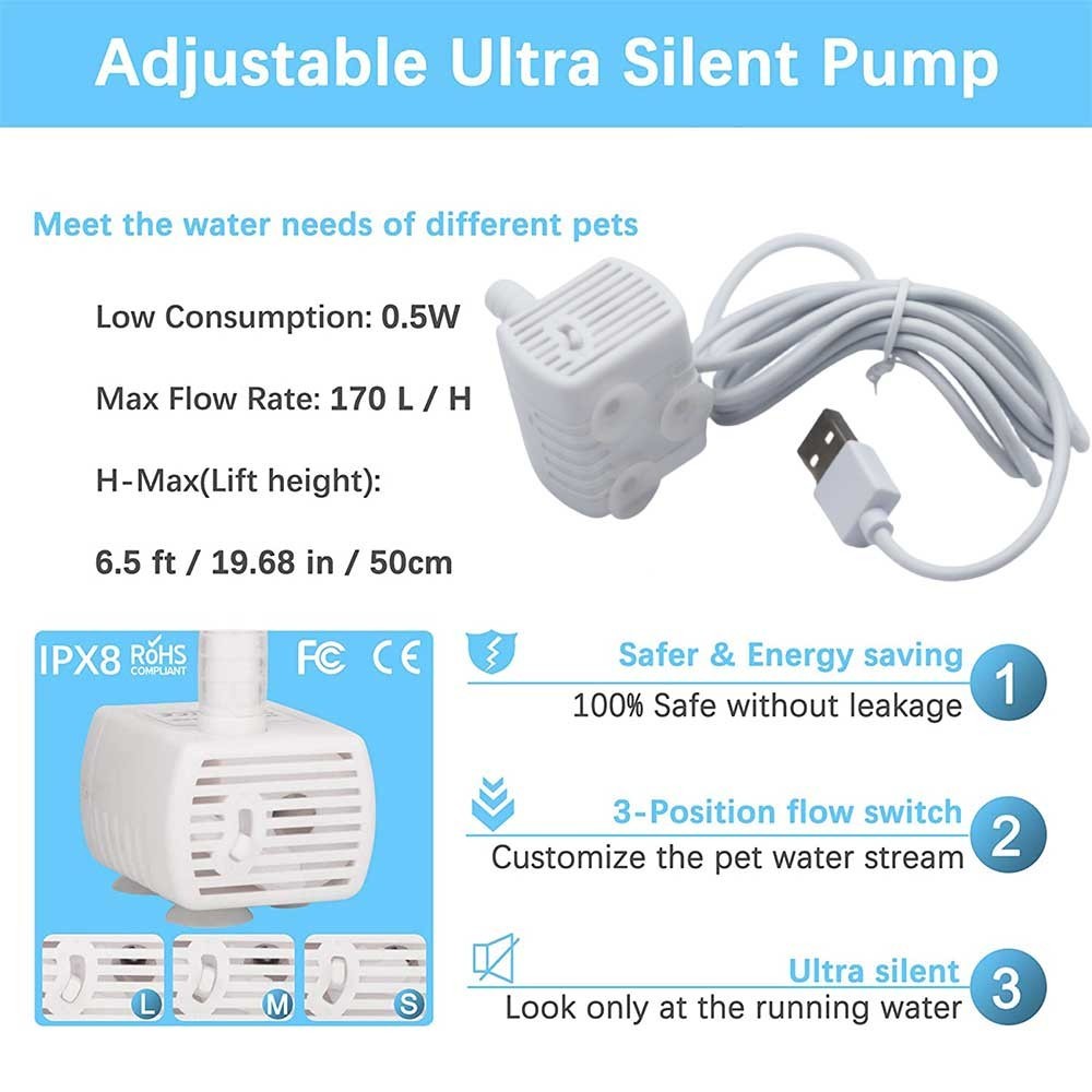 Pet Water Fountain Pump Replacement Pump for Stainless Steel Cat Water Dispenser