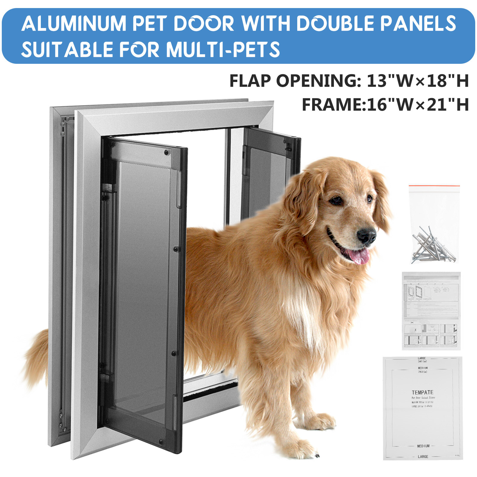 16” x 21” Extra Large Dog Door Aluminum Pet Door Double Panels Automatic Close