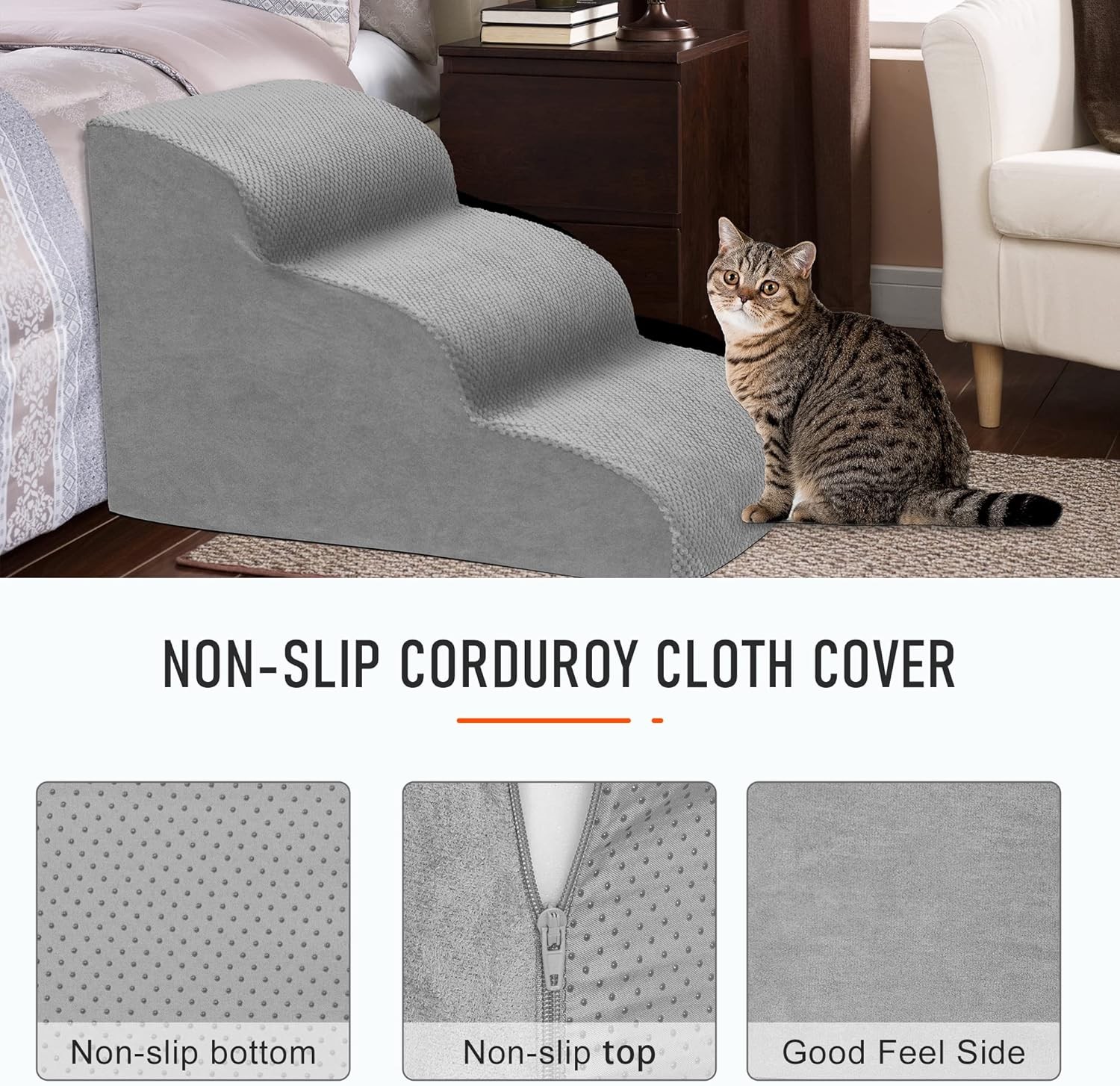 3 Step Stairs for Sofa & Chair NonSlip Sturdy Pet Steps Dogs Cats GREY