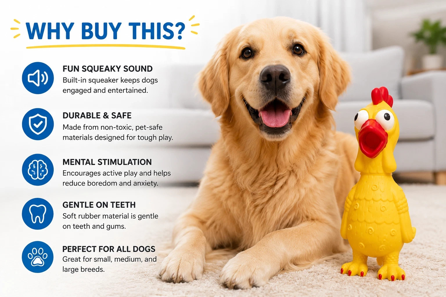 Vibrant Life Screaming Squeaky Chicken Dog Toy Chew Level 2 Medium Yellow Toy