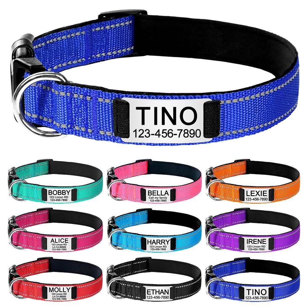 Reflective Nylon Dog Collar Custom Name, Personalized Pet ID Tag Adjustable XS-L