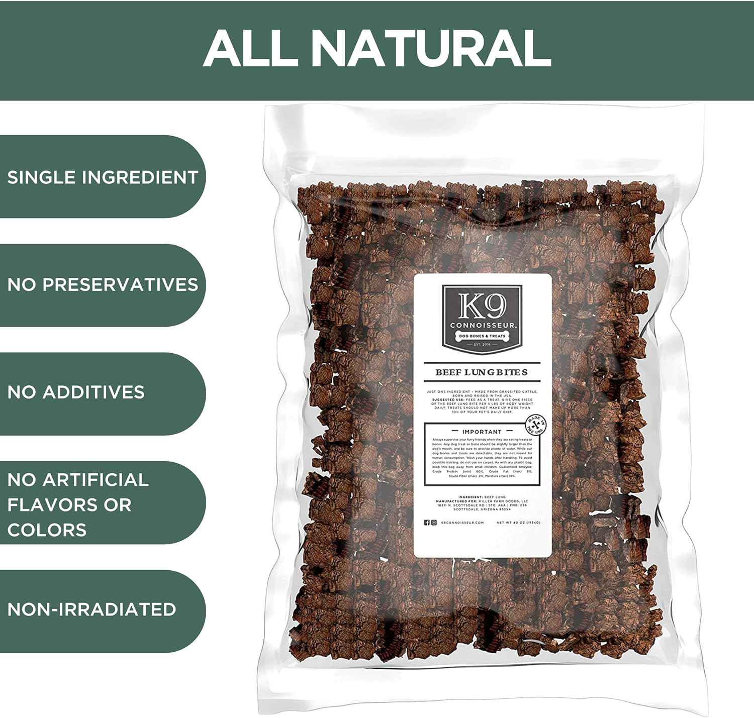 K9 Connoisseur Low to Odor Free Slow Roasted Beef Lung Dog Treats Made in USA, &