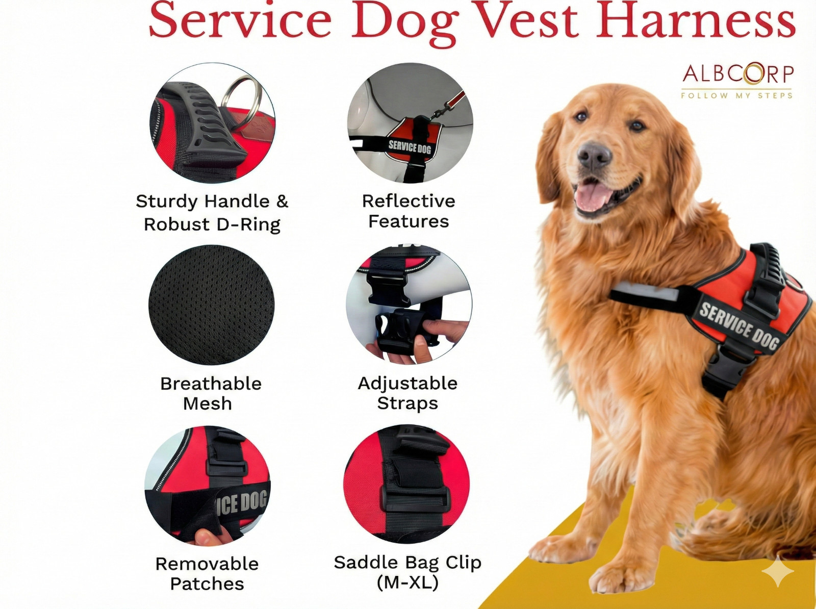 ALBCORP Reflective Service Dog Vest Harness, Woven Nylon with Adjustable Straps