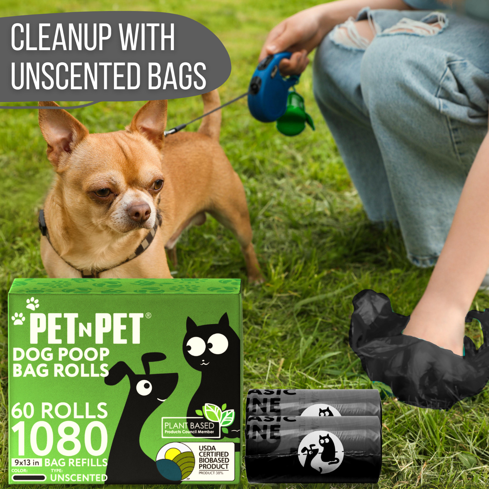 PET N PET 1080 Counts Black Dog Poop Bag Rolls 38% Plant Based 62% PE Waste Bags