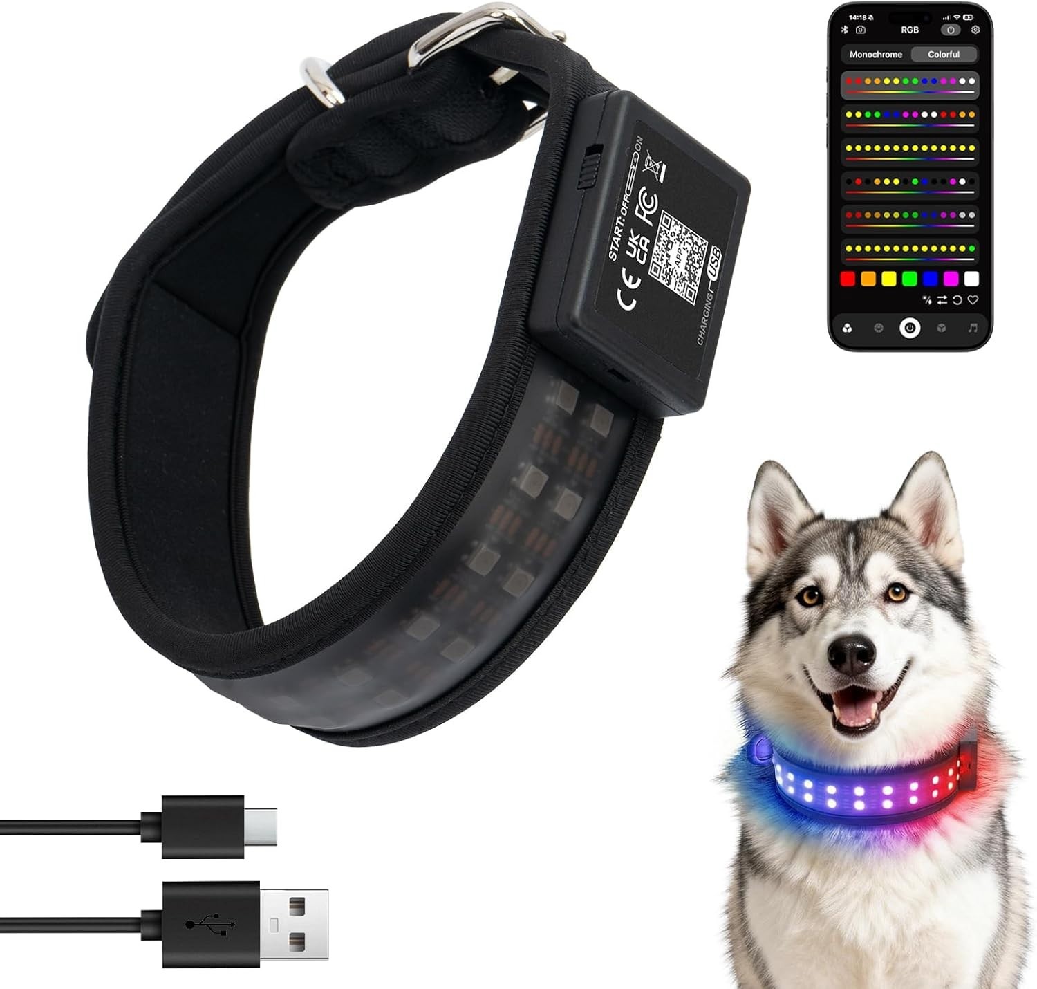LED Dog Collar App Controlled Large; Light Up Night Safety Collar