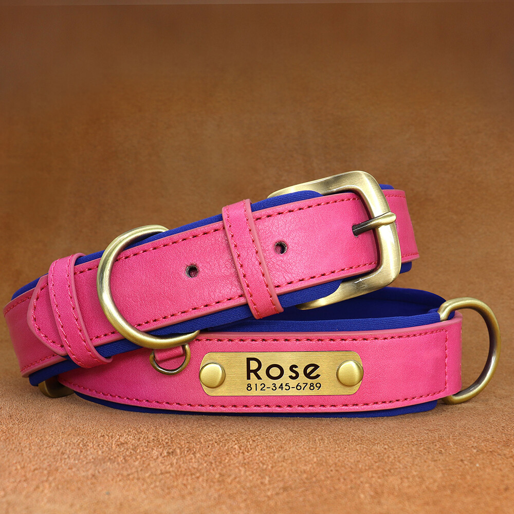 PERSONALIZED Soft Leather Dog Collar Custom Puppy Cat Name Free Engraved XS-XL