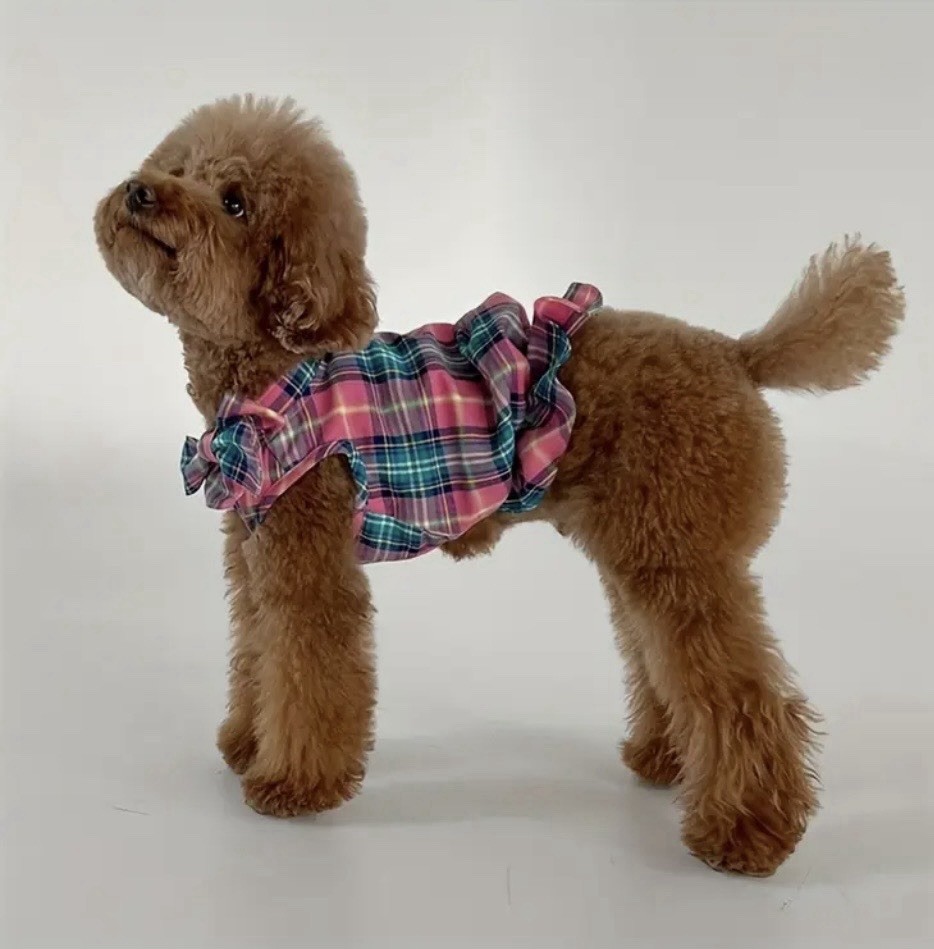 Plaid Flannel Dog Dress With Bow, Super Cute!