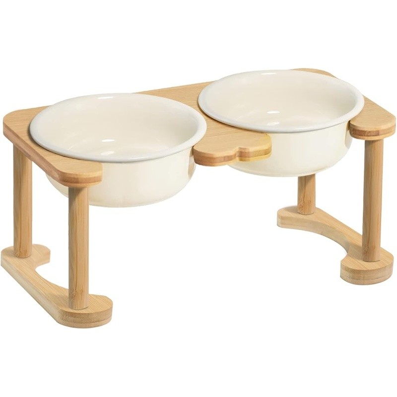 Ceramic Elevated Dog Bowl W/ Bamboo Stand Anti-Slip Design Health Safe Feeding