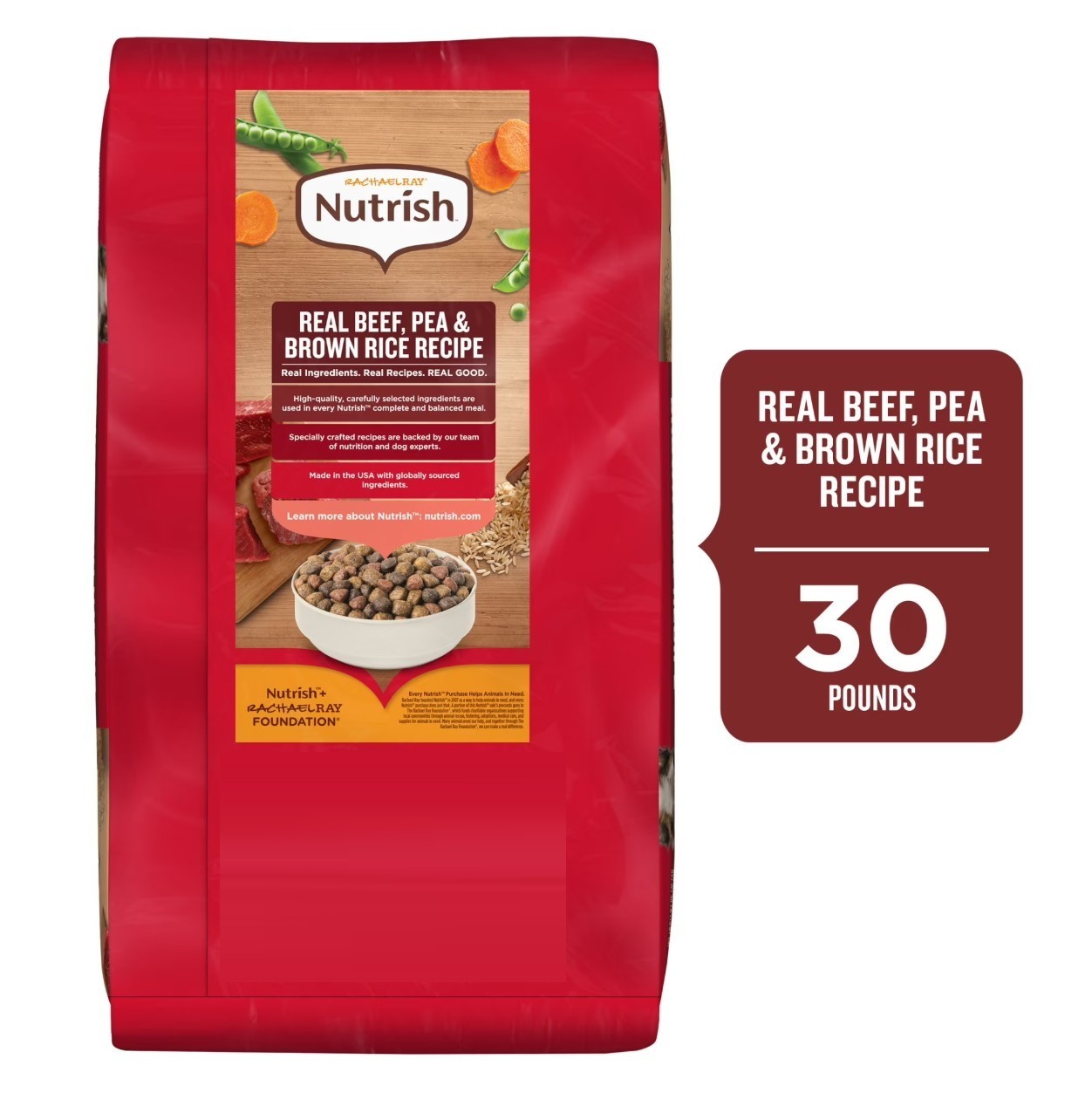 Rachael Ray Nutrish Adult Dry Dog Food Real Beef, Pea & Brown Rice Recipe, 30lb