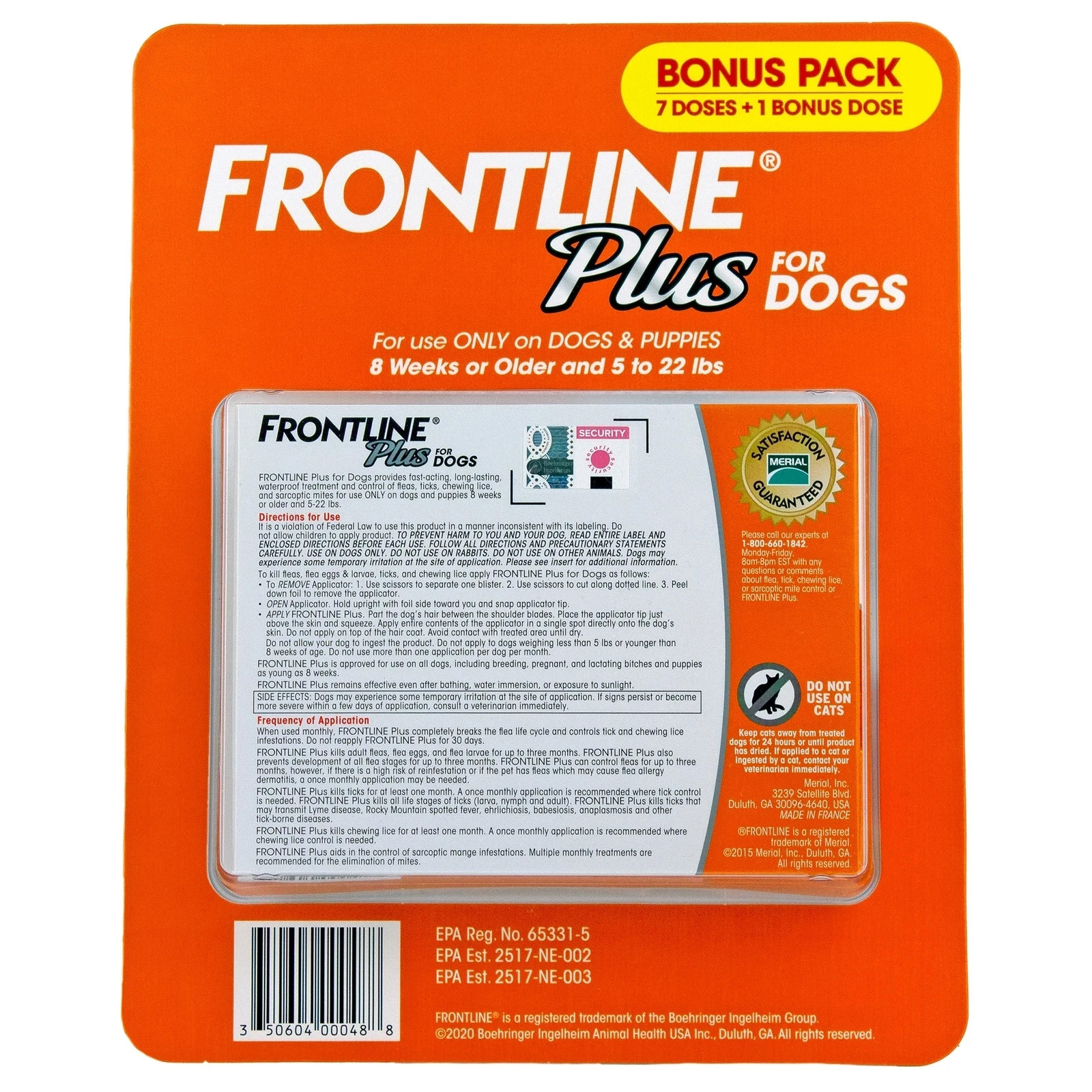 Frontline Plus for Dogs Flea and Tick Small Dog Treatment 5-22 lb, 8 Doses