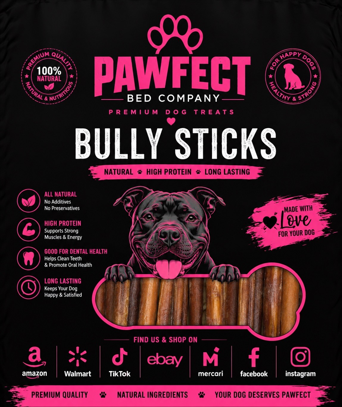 Pawfect 12″ Bully Stick Dog Chews Beef Pizzle Long Lasting Treats No ODOR