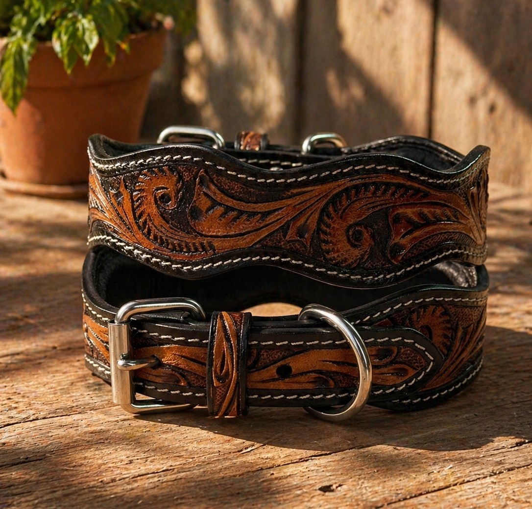 Western Leather Handmade Pet Dog Collar Heavy Duty Hand Tooled Adjustable