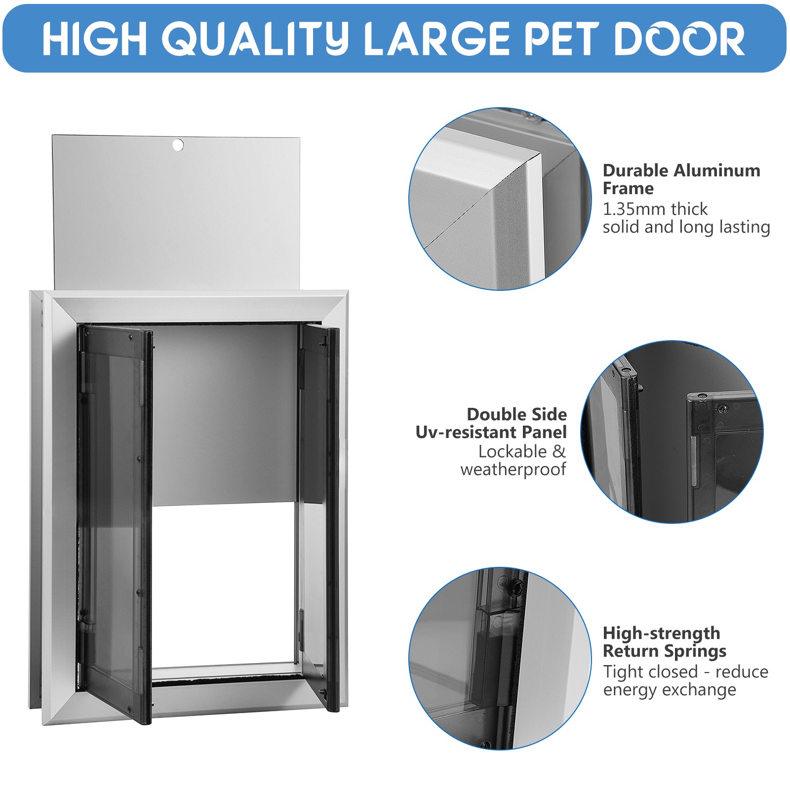 Extra Large Dog Door Aluminum Pet Door Double Panels Automatic Close 16”x21”