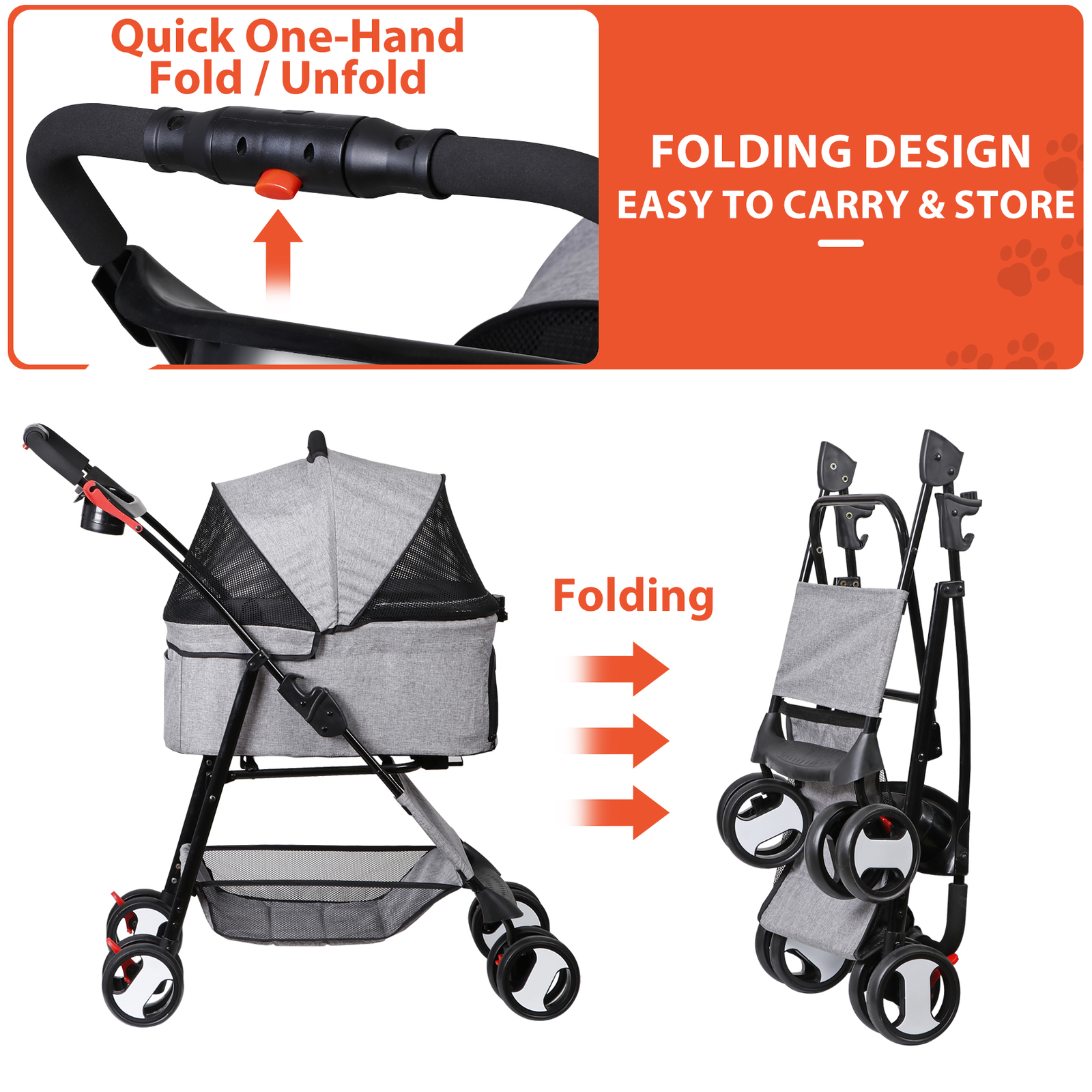 3 in 1 Folding Dog Stroller Pet Stroller for Medium Dog w/Removable Carrier Gray