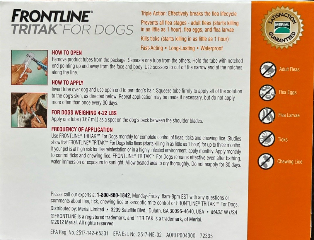 Frontline Tritak for Dogs 4 – 22 lbs Flea & Tick Control 3 Doses New Sealed