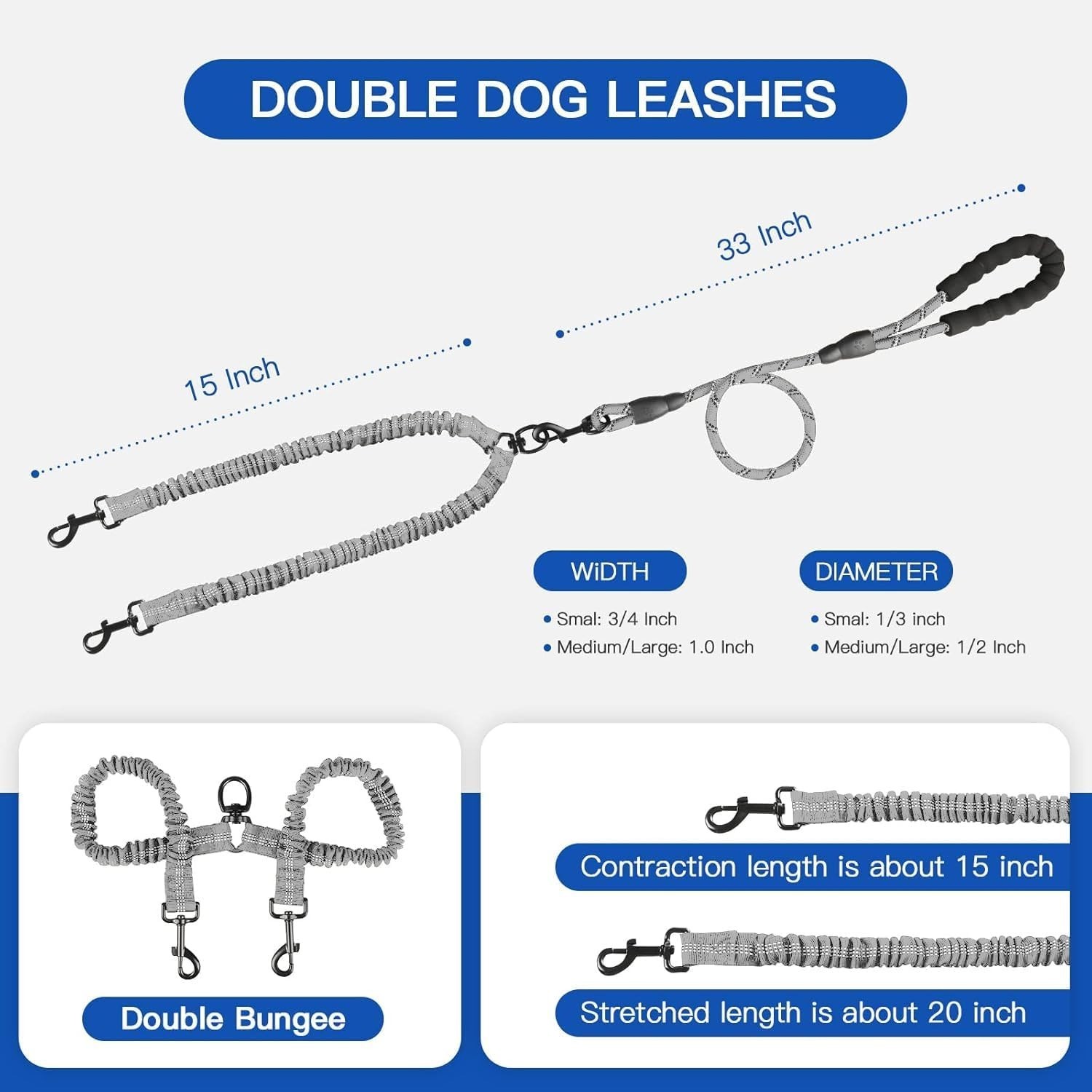 High-Performance Bungee Double Dog Leash, Tangle Resistant, for Medium & Large