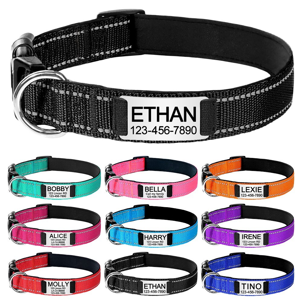 Reflective Nylon Dog Collar Custom Name, Personalized Pet ID Tag Adjustable XS-L