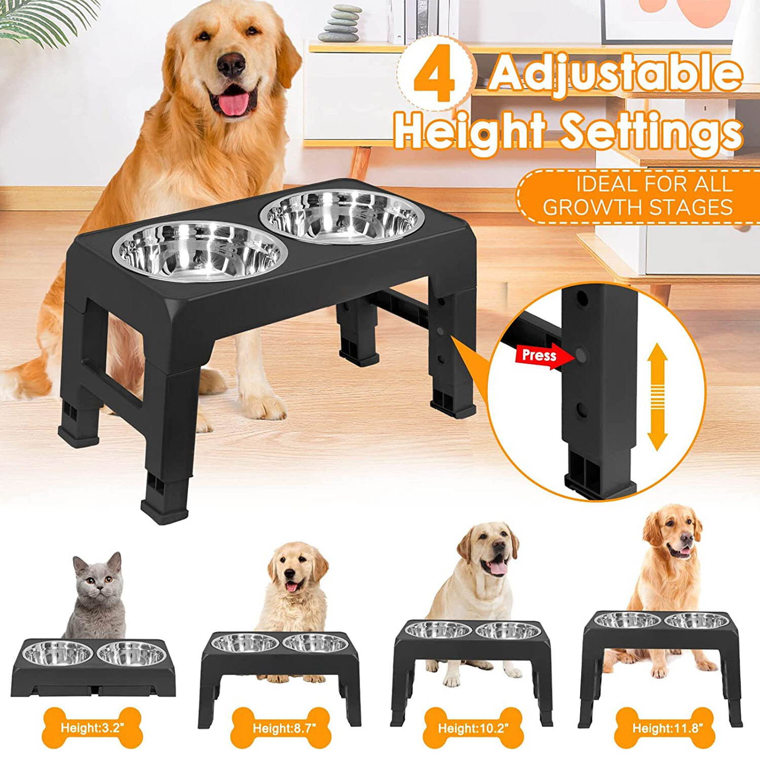 Adjustable Pet Dog Feeder Bowl Elevated Raised Stainless Steel Food Water Stand