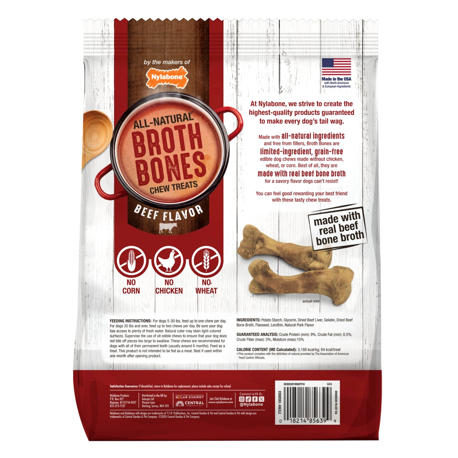 NYLABONE ALL NATURAL BROTH BONES CHEW TREATS, REAL BEEF FLAVOR 60 DOG TREATS