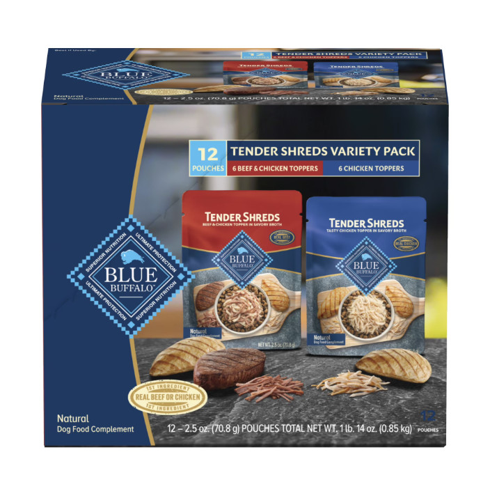 (2 pack) Blue Buffalo Tender Shreds Toppers, Natural Dog Food, 2.5-oz. Pouch, 12