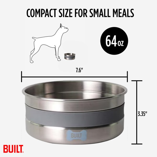 BUILT Dog Bowl – 64 Oz Stainless Steel Pet Bowl with Soft Grip & Non-Slip Base