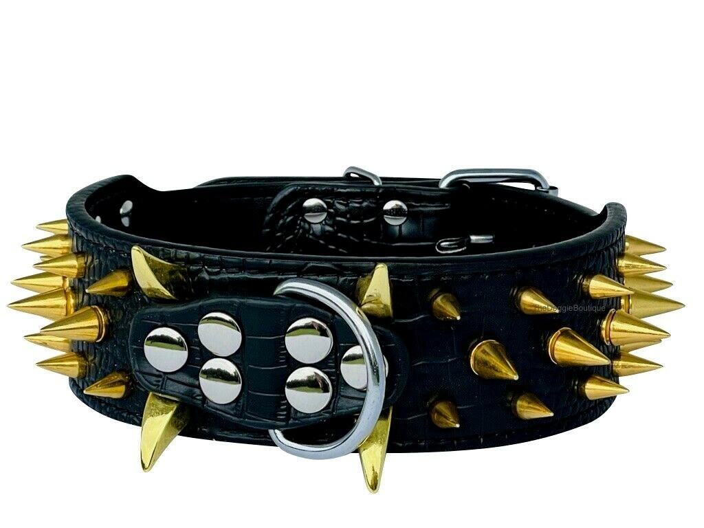Dog Collar Sharp Gold Spikes Spike Rivet Adjustable PU Leather 2″ wide S M L XL