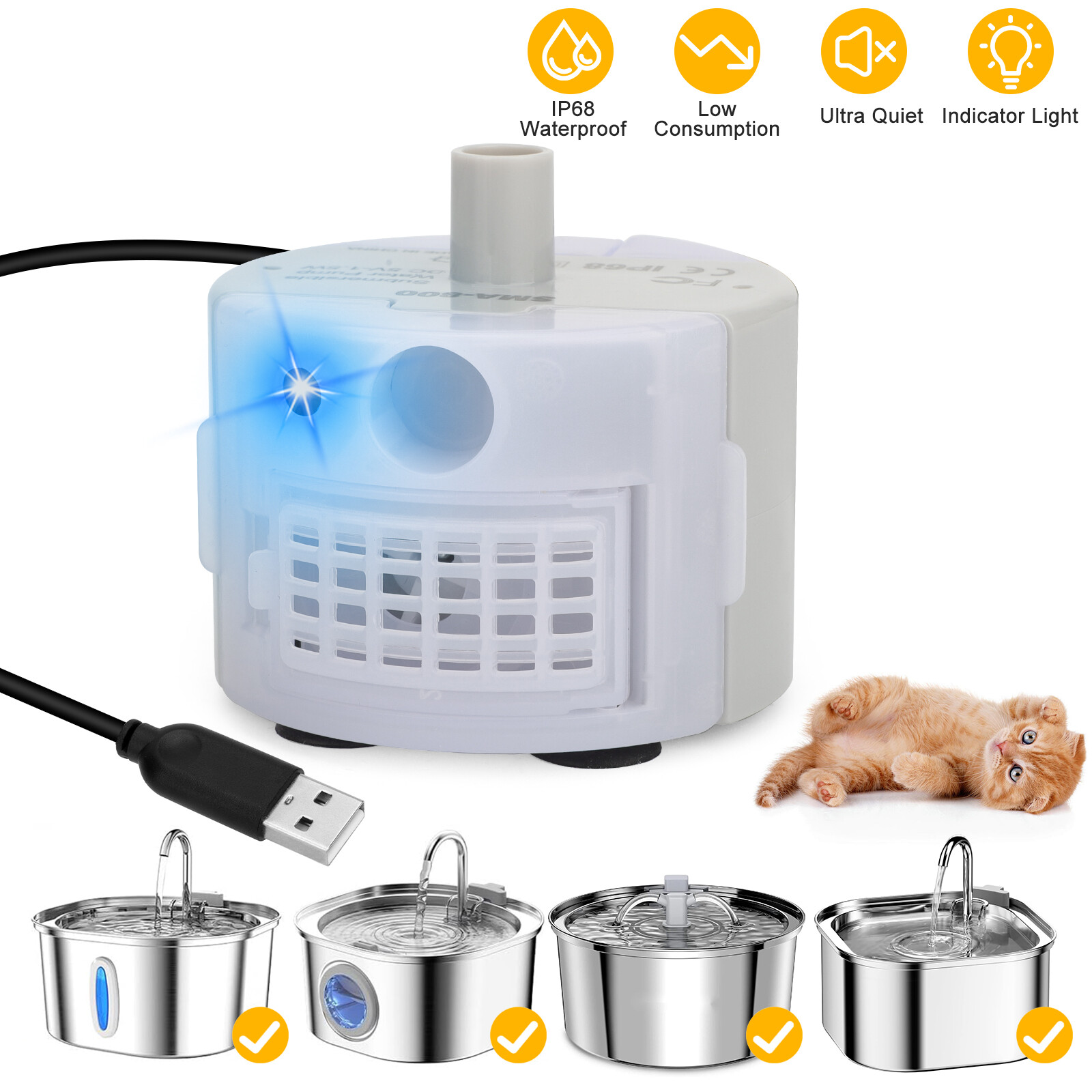 Ultra Quiet Cat Water Dispenser Pump USB Rechargeable LED Pet Drinking Fountain