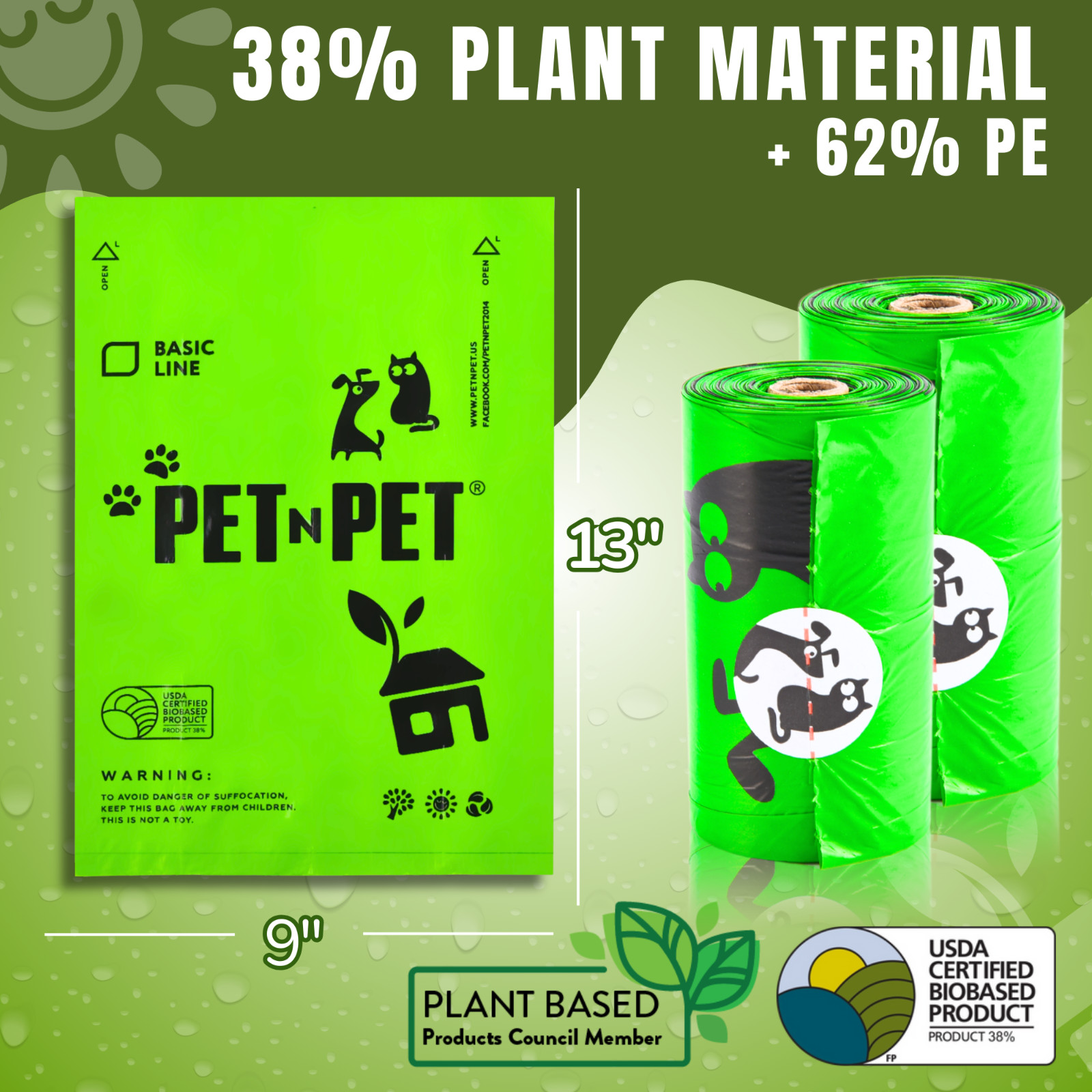Pet N Pet 1080 Counts Green Poop Bags for Dogs, 38% Plant Based