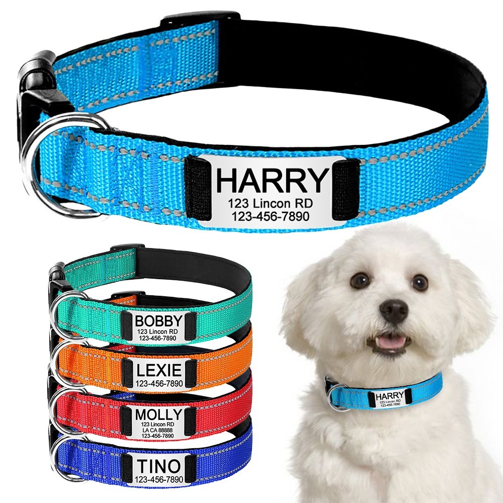 Reflective Nylon Dog Collar Custom Name, Personalized Pet ID Tag Adjustable XS-L