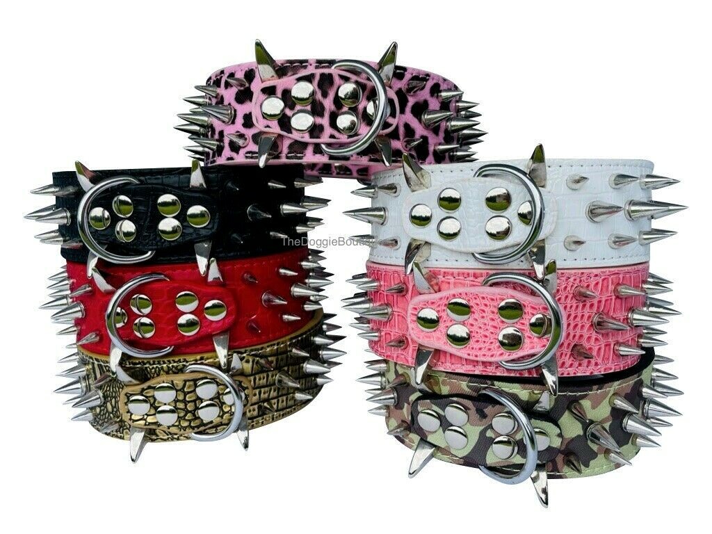 Dog Collar Sharp Spikes Spike Rivet Adjustable PU Leather 2″ wide S M L XL
