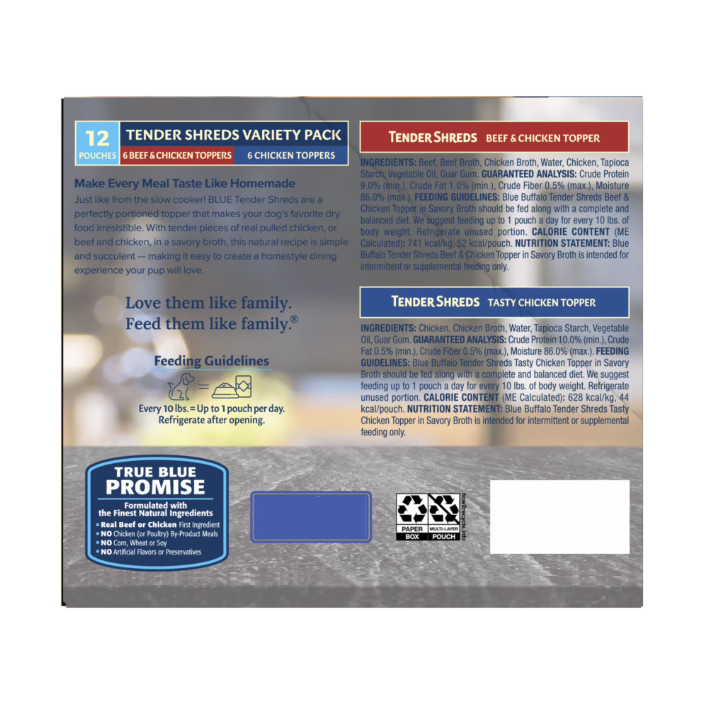 (2 pack) Blue Buffalo Tender Shreds Toppers, Natural Dog Food, 2.5-oz. Pouch, 12