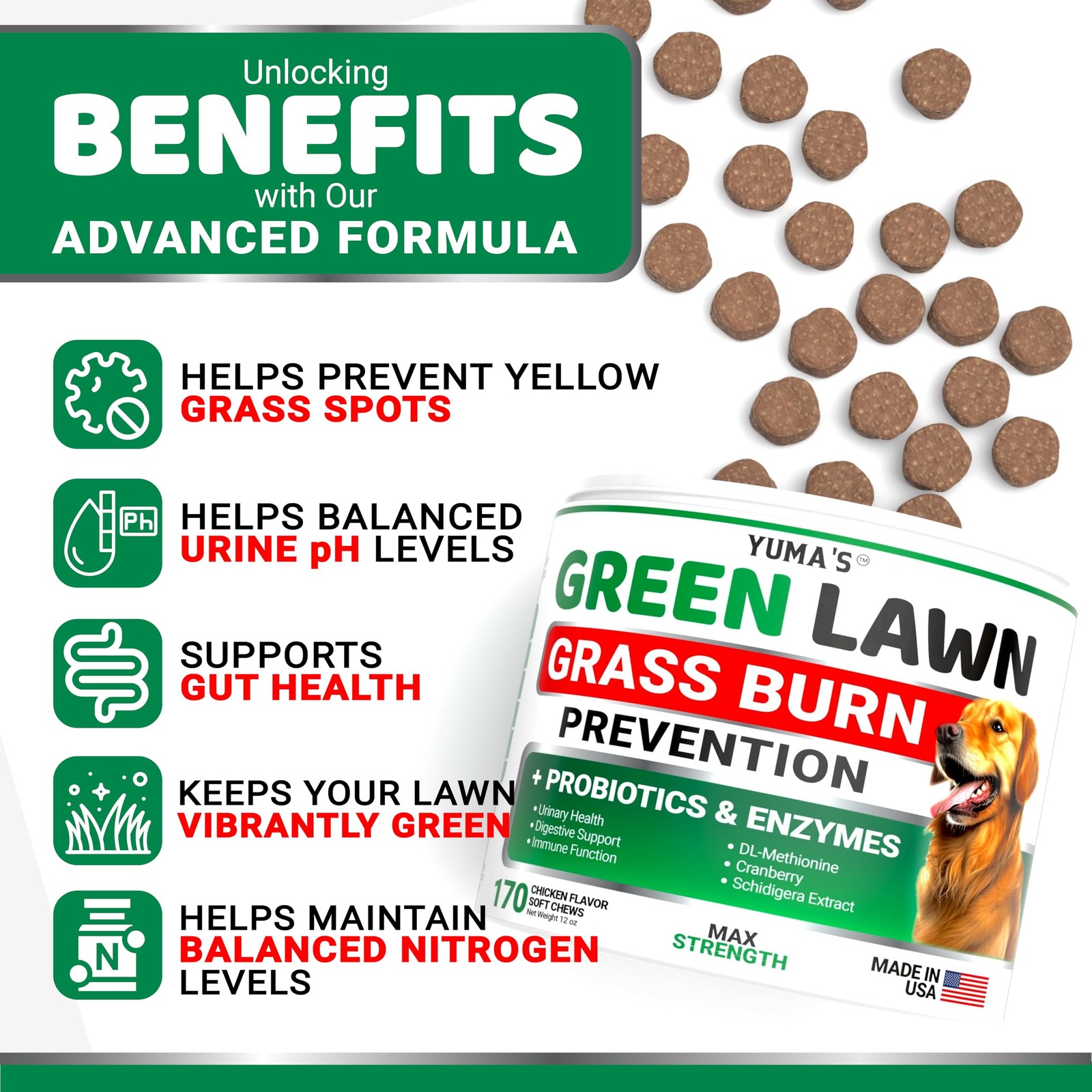 YUMA’S Dog Urine Neutralizer for Lawn – 170 Chews – Green – 170