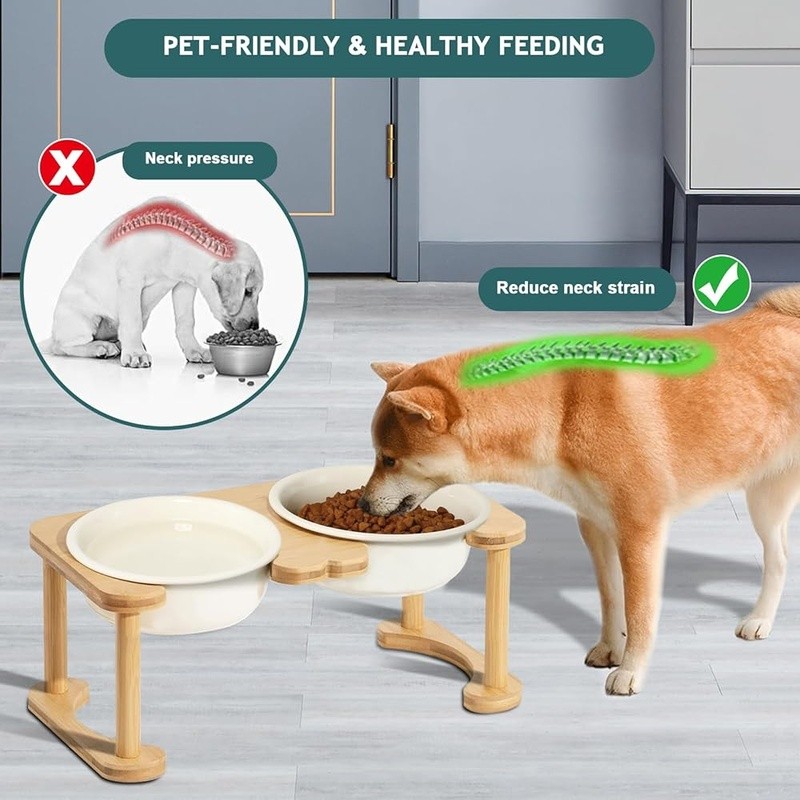 Ceramic Elevated Dog Bowl W/ Bamboo Stand Anti-Slip Design Health Safe Feeding