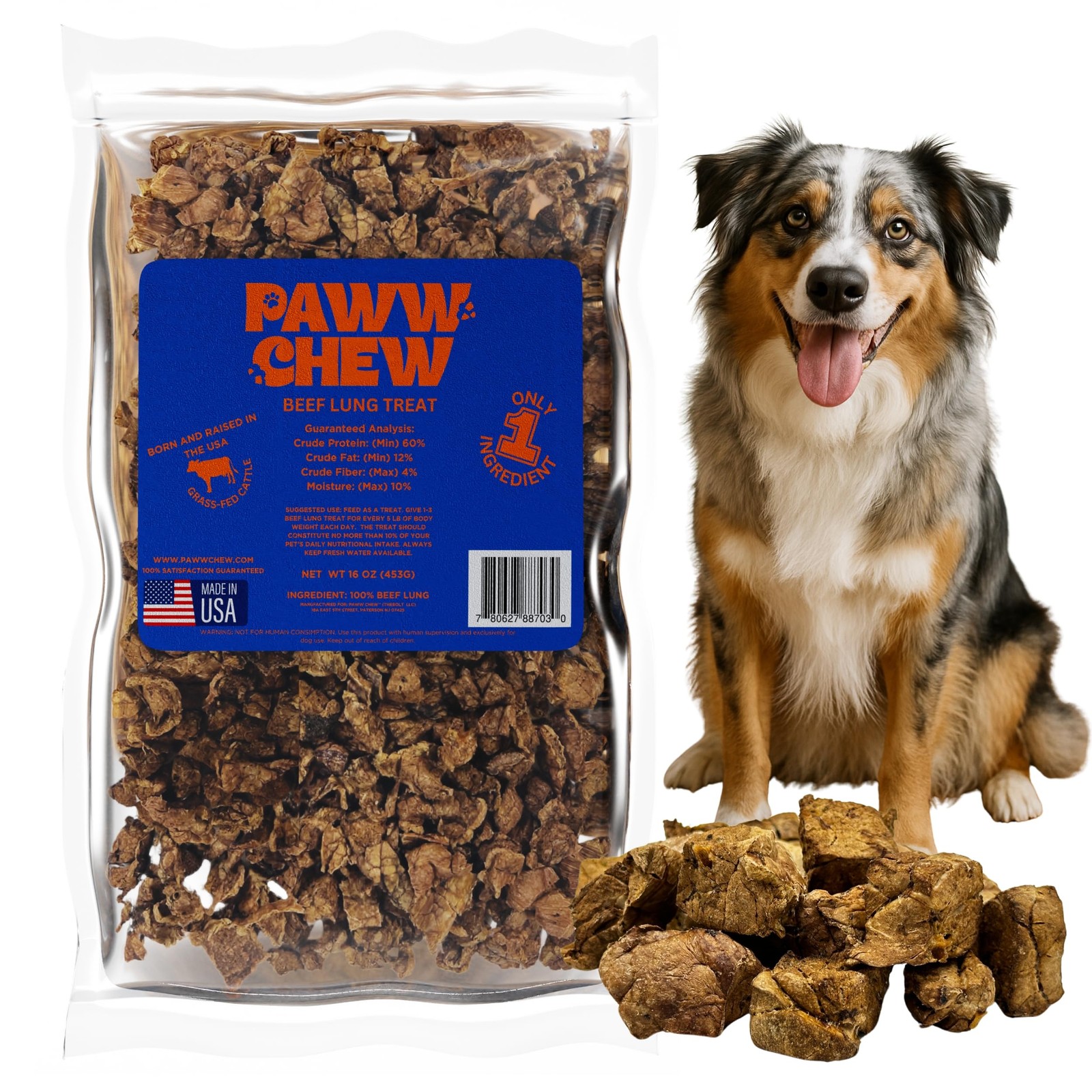 PAWW CHEW Beef Lung Dog Treats – 100% Natural, Single 1 Pound (Pack of 1)