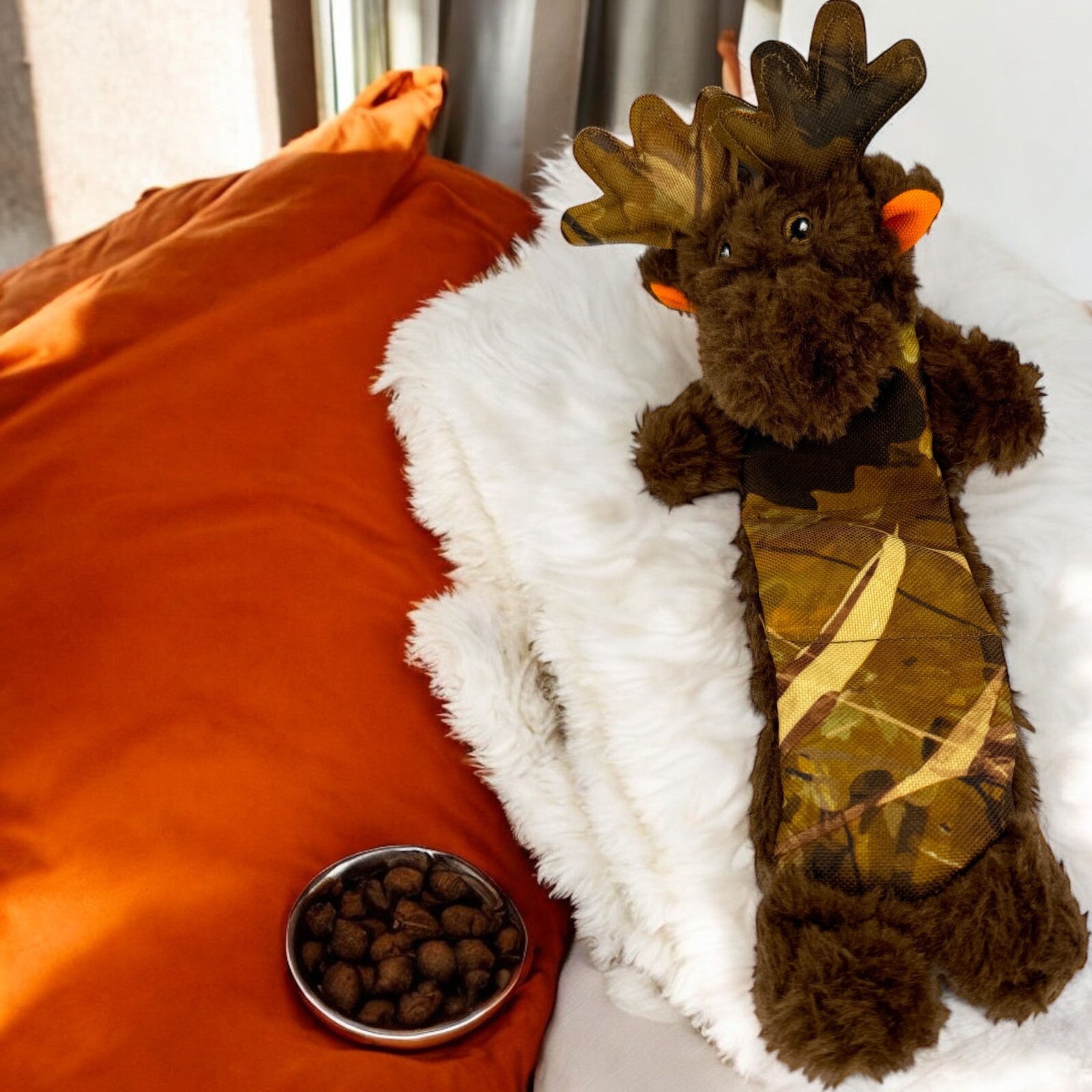 Vibrant Life Tough Buddy Camo Moose Brown Tug Chew Toy Level 3 Squeak Small Dog
