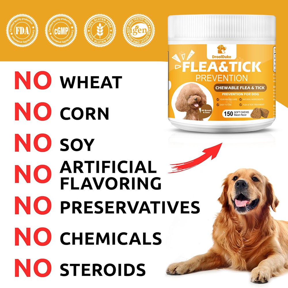 Natural Flea & Tick Prevention Chewable Tablets for Dogs,150 Chews Bacon Flavor