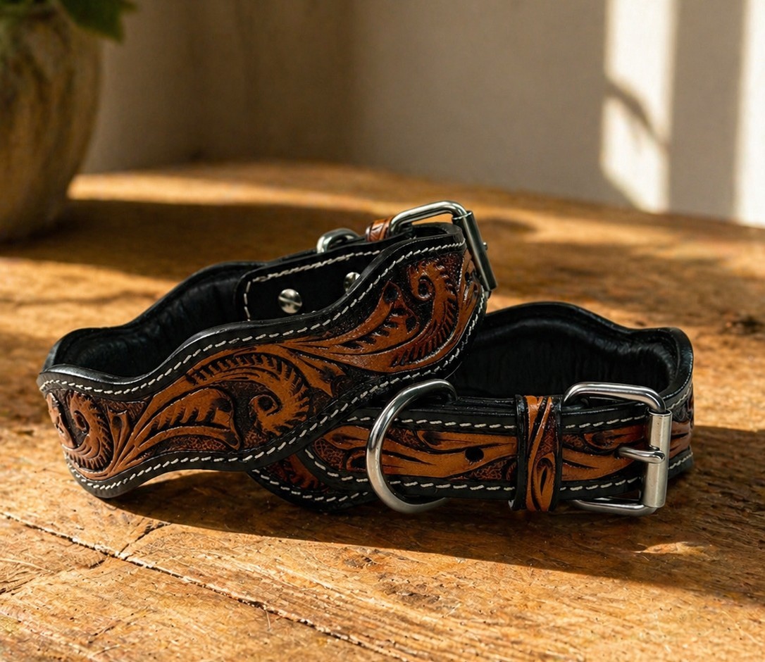 Western Leather Handmade Pet Dog Collar Heavy Duty Hand Tooled Adjustable