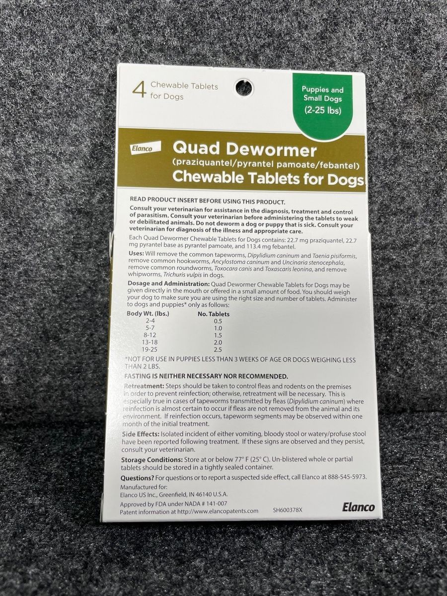 ELANCO Quad Dewormer 4 Chewable Tablets for Small Dogs & Puppies 2-25lbs