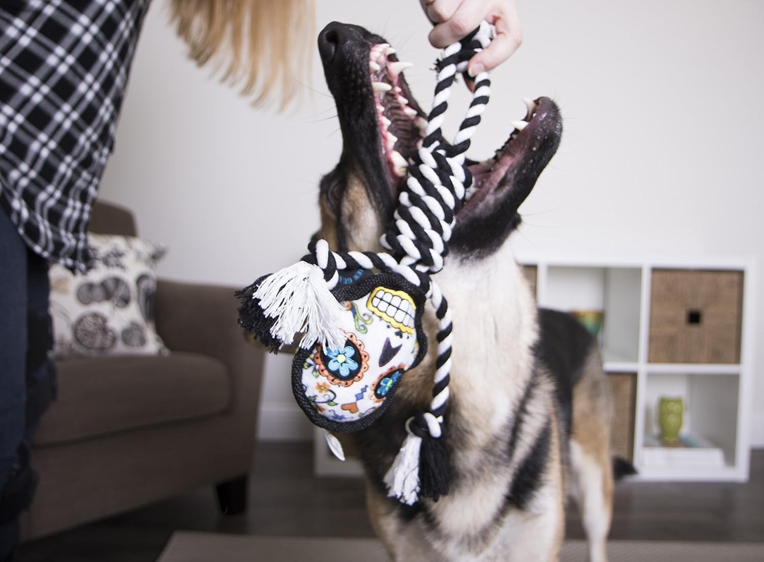 goDog Sugar Skulls Day of The Dead Rope Dog Toy, Chew Guard Technology – White