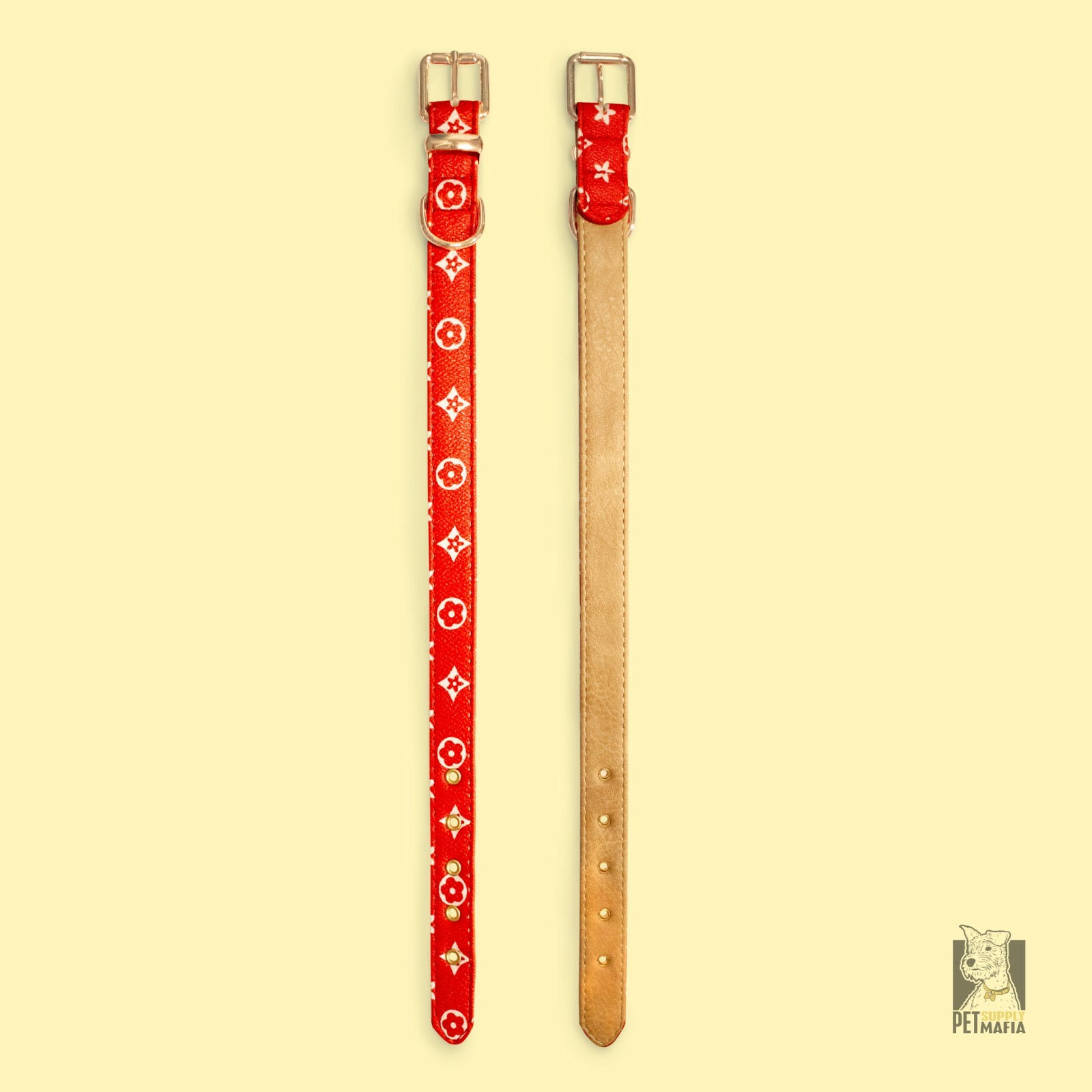 Red Collar + Leash kit -PU Leather Designer monogram Dog Collar Gold hardware