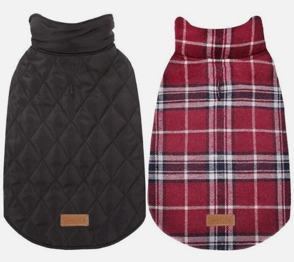 Spotted Play Warm Dog Coat, Red Plaid, Waterproof Reversible Dog Jacket, (XXXL)