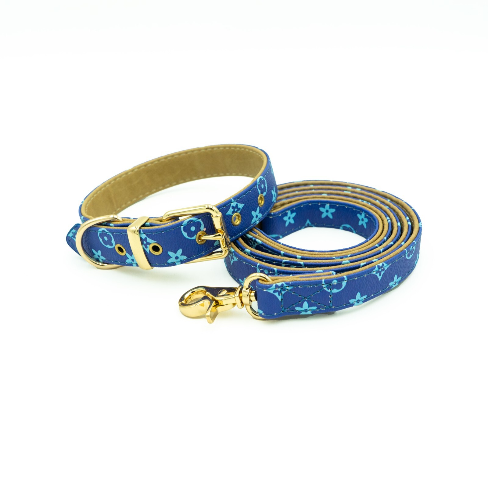 Blue Dog Collar & Leash – Leather Designer Fashion Pet Collar XS, S , M, L , XL
