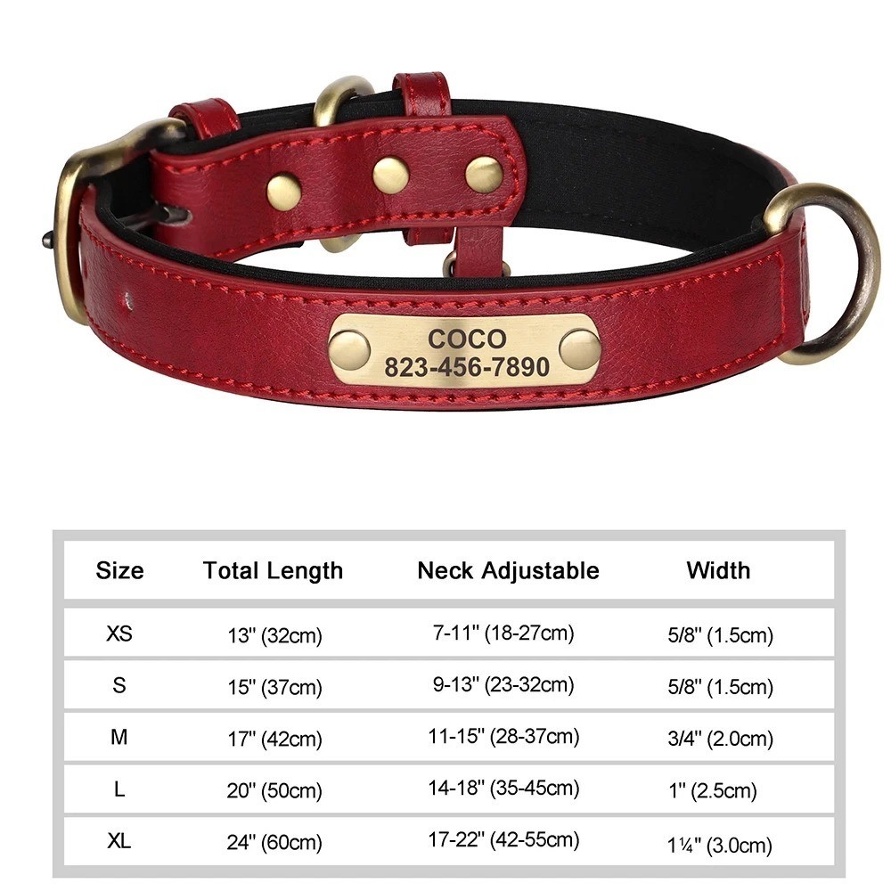 Soft Leather Personalized Dog Collar ID Tag Engraved for Small Medium Large Dogs